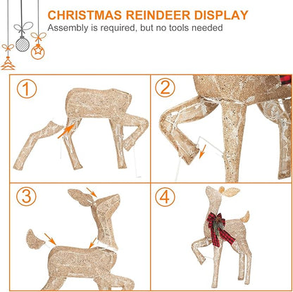 2 Pcs Reindeer Christmas Decoration, Xmas Lighted White Shimmering Doe and Fawn Display Set with 105 Warm White Lights for Yard Lawn Indoor Outdoor