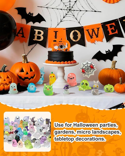 72 Pcs Halloween Mini Resin Animals Figures Kit - Luminous Tiny Resin Figurines Accessories, Glow in The Dark Miniature Ghost Figurines for Halloween Party, Micro Landscape, Tabletop Decor