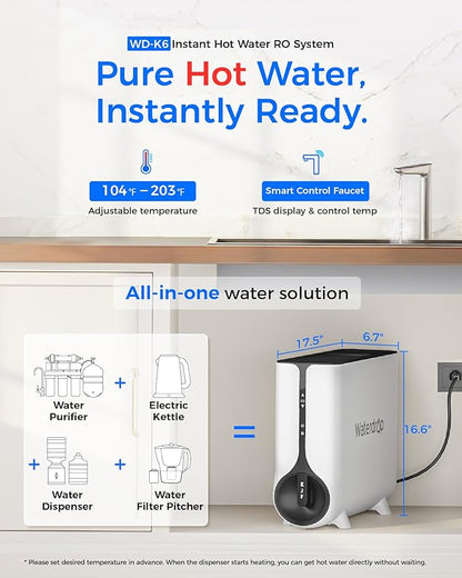 Waterdrop Reverse Osmosis System, Instant Hot Water Dispenser, 600 GPD, Reduce PFAS, Tankless, 2:1 Pure to Drain, Under Sink, TDS Reduction, Smart LED Faucet, Hot and Cold Water Dispenser Faucet