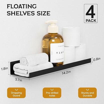 4 Pack Floating Shelves for Wall Storage, Metal Black Hanging Shelves for Living Room/Kitchen/Bedroom/Bathroom Decor, Set of 4 Organizer for Display, Perfume & Book Shelf Wall Mounted