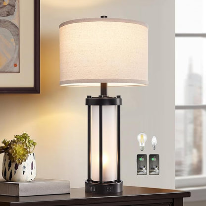 Modern Table Lamps for Living Room, Industrial Beside Lamps with 2 USB Ports, Rustic Nightstand Lamp with White Frosted Glass Night Light for Bedroom End Table Entryway, 2 Bulb Included