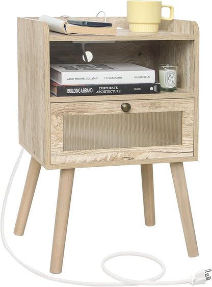 AWASEN Nightstand with Charging Station, Modern Bedside Table with Glass Decorative Drawer, Charging Night Stand Side Tables for Bedroom and Small Space, Rustic White Oak