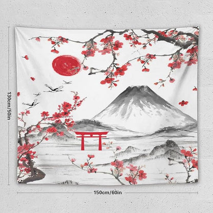 Red Cherry Blossoms Tapestry, Japanese Fuji Mountain Tapestry, Asian Japanese Wall Tapestry, Nature Landscape Tapestries for Bedroom Living Room Decor 60"x50"