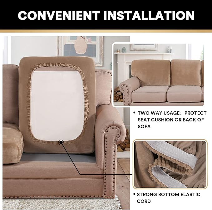 PrinceDeco Stretch Velvet Couch Cushion Covers, Soft Cushion Slipcover for Chair Loveseat Sofa Cushion Furniture Protector Seat Cushion Sofa Cover (Each Width Up to 29.5", Camel)