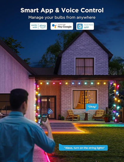 Govee Smart Outdoor String Lights 2, 48ft Outdoor Lights with Dimmable Warm White LED Bulbs, 47 Scene Modes for Patio, Backyard, Balcony, IP65 Waterproof, Works with Alexa, App Control