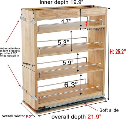 DINDON Pull Out Spice Rack Cabinet Organizer, (8" W x 21.9" D x 25.2" H) Multi-Use Soild Wood Pull Out Cabinet Organizer Slide Out Shelf Sliding Base Cabinet Storage Organization