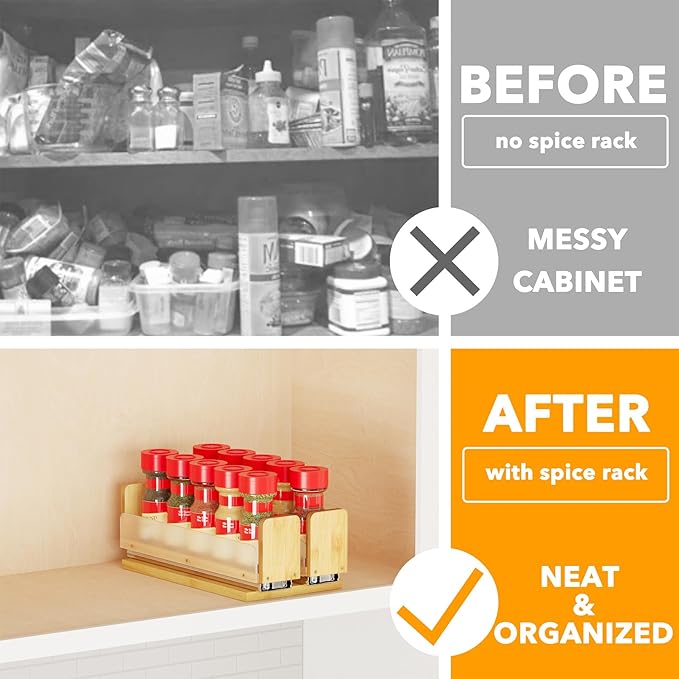 SpaceAid Bamboo Pull Out Spice Rack Organizer for Cabinet, Heavy Duty Slide Out Seasoning Kitchen Pantry Sliding Vertical Organization, 5.1" Wide, 2 Drawers(2" Wide), 1-Tier, Natural
