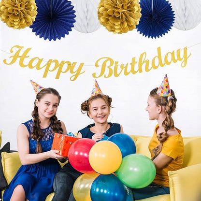 Navy-Blue Gold Birthday Party-Decorations Paper-Flowers - 14pcs Happy Banner Royal Lanterns Tissue Pom Poms,Men Streamers Garland Fans Honeycomb,Teen Boys Male Kids Hanging Supplies Decor Hugfond