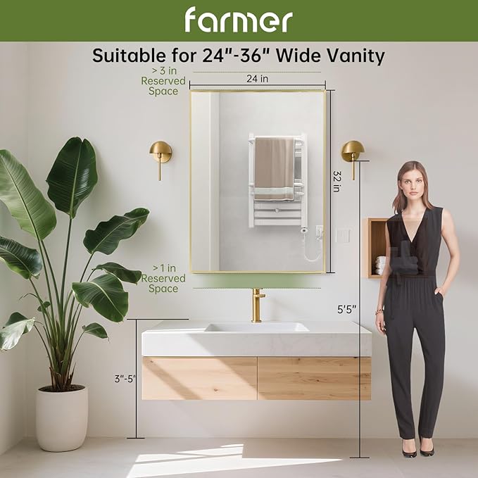 FARMER 24x32 Inch Gold Bathroom Mirror, Rectangle Wall Mounted Mirror, Vanity Mirror, Brushed Square Mirror, Framed Bathroom Mirror for Bedrooms, Entryways, Living Rooms, Horizontal/Vertical
