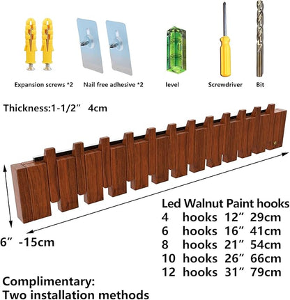 Wall Mounted Piano Key Hanger | Flip Style Hook | Entrance Wall Art Hook, Made of Oak Wood (3 Times Painted, 4 Times Polished) (LED Walnut, 4Hooks)