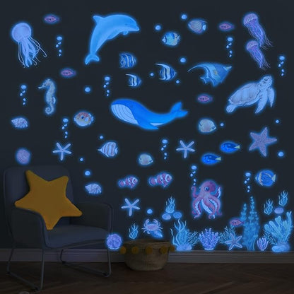 Sea Turtle Ocean Fish Wall Decals Glow in The Dark, Under The Sea Life Animals Stickers for Ceiling, Girls Boys Waterproof Decoration for Living Room Wall Bathroom Toilet