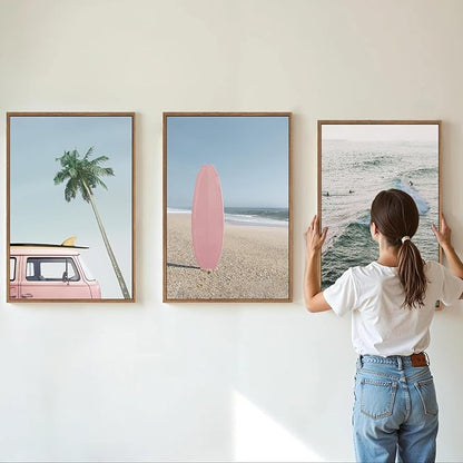 Tinonedraw Large Ocean Beach Framed Canvas Wall Art, Summer Coastal Surfboard Wall Decor, Palm Tree Pink Car Artwork, Modern Surfing Seascape Art Prints for Living Room Bedroom Office 16"x24"x3