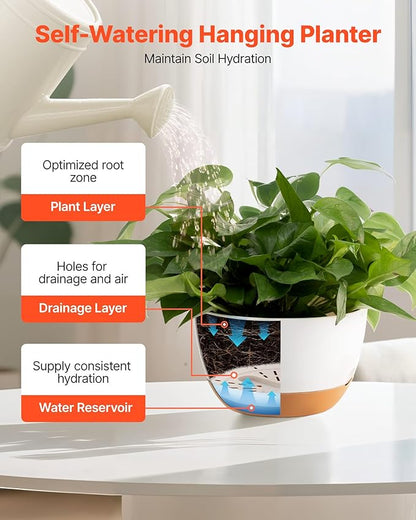 VEVOR Hanging Planters, 10 Inch Self-Watering Hanging Planter, 2 Pack Flower Pots with Drainage Hole & 2 Kinds of Plant Hangers, Plastic Basket Pots, for Garden Home Decor, Indoor & Outdoor Plants