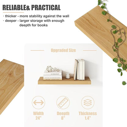 Floating Shelves for Wall, USA-Sourced Brich Wood 24 Inch Wall Shelves Set of 2, Natural Wooden Mounted Picture Ledge Shelf, Nursery Book Storage Shelf Kids Bookshelf Display, Shelf for Bathroom