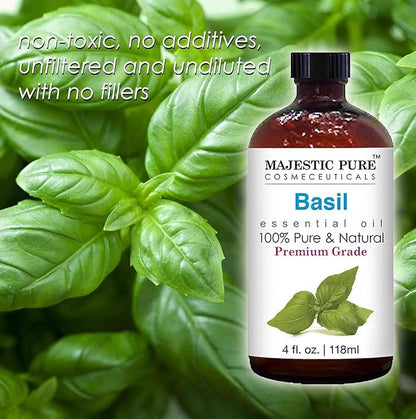 Majestic Pure Basil Essential Oil with Glass Dropper - Huge 4 Fl Oz - 100% Pure and Natural Basil Oil - Premium Grade Essential Oils for Diffuser, Aromatherapy, Soap and Candle Making
