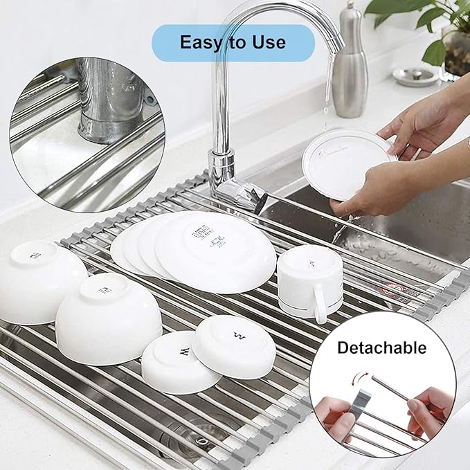 Searik Dish Drying Rack Roll Up Sink Drying Rack, Over The Sink Dish Rack Multi-Use Stainless Steel Dish Drainers Heat Resistant Mat for Drying Draining Trivet (17.7"x13.8")