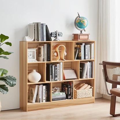 LEYAOYAO 10 Cube Bookshelf with Base,3 Tier Mid-Century Modern Grey Bookcase,Standing Wide Bookshelves Storage Organizer Shelf,Rustic Wood Display Cabinet Book Shelves for Bedroom,Living Room,Office