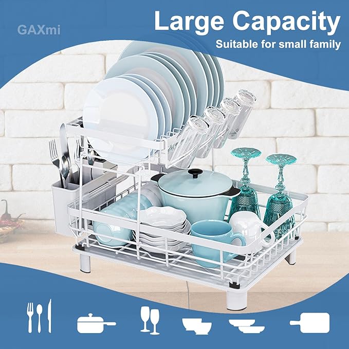 GAXmi Dish Drying Rack Over The Sink Drainer with Drainboard Utensil Holder Cup Holder, 2-Tier White