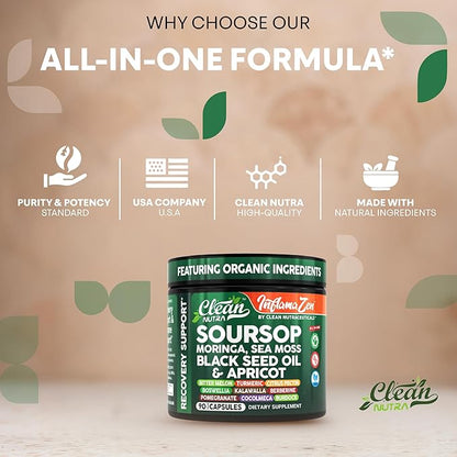 Clean Nutra Soursop Supplement Moringa Sea Moss Black Seed Oil Berberine Turmeric Resveratrol Quercetin Greens Bitters Boswellia Bitter Melon Burdock Root Antioxidant Support 90 Capsules