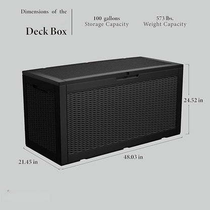 100 Gallon Resin Deck Box, Waterproof Outdoor Storage Bin for Patio Furniture, Pool Accessories, and Garden Tools, Lockable & UV-Resistant, Black