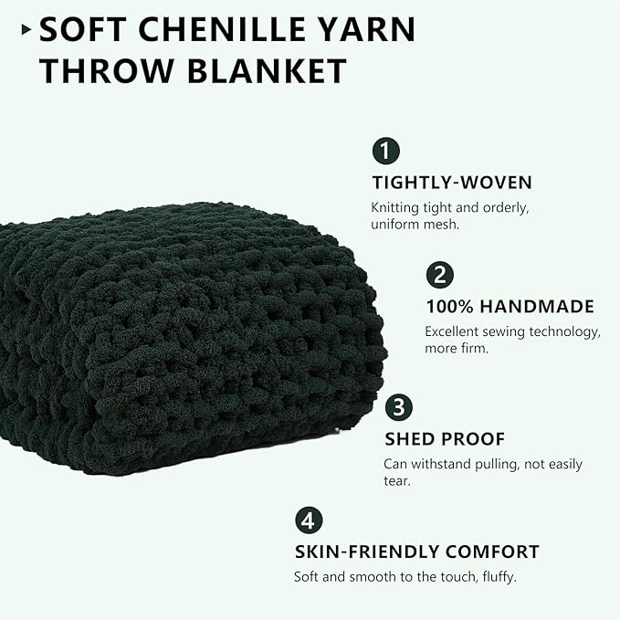 L'AGRATY Chunky Knit Blanket Throw: 80''x90'' Chenille Chunky Knitted Throw Blanket for Bed Couch - Handmade Thick Big Cable Knit Blanket - Large Chunky Crochet Rope Blanket for Home Decor(Green)