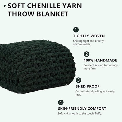 L'AGRATY Chunky Knit Blanket Throw: 80''x90'' Chenille Chunky Knitted Throw Blanket for Bed Couch - Handmade Thick Big Cable Knit Blanket - Large Chunky Crochet Rope Blanket for Home Decor(Green)