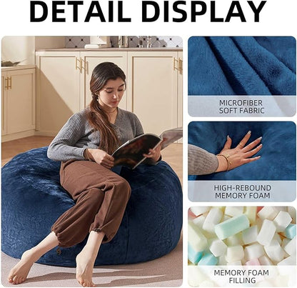 Bean Bag Chair 3Ft, Memory Foam Filled, Large Beanbag Chairs for Adults and Teens, Soft Sofa with Removable Flannel Cover, Round Couch for Living Room Bedroom College Dorm (Blue, 3FT-36×36"×24")
