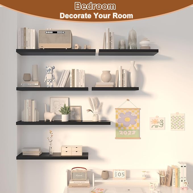 40 Inch Floating Shelf 3 Pack Large Floating Shelves for Wall No Drilling Accessories Included Deep Wall Shelves for Living Room Kitchen Farmhouse 40" W x 12" D x 1.2" Black