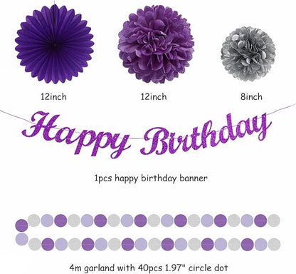 Purple Silver Birthday Party-Decorations Paper-Flowers - 14pcs Happy Banner Lavender Lanterns Tissue Pom Poms,Lilac Streamers Garland Fans,Women Girls Adult Kids Office Hanging Supplies Decor Hugfond