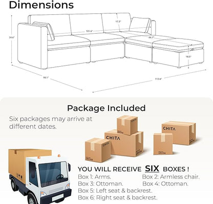 CHITA Oversized Modular Cloud Sectional Fabric Sofa Set, FSC Certified U Shaped Couch Reversible Chaise Modular Sectional,112 inch Width,5 Seat Modular Sofa Includes 2 Storage Ottomans, Terracotta