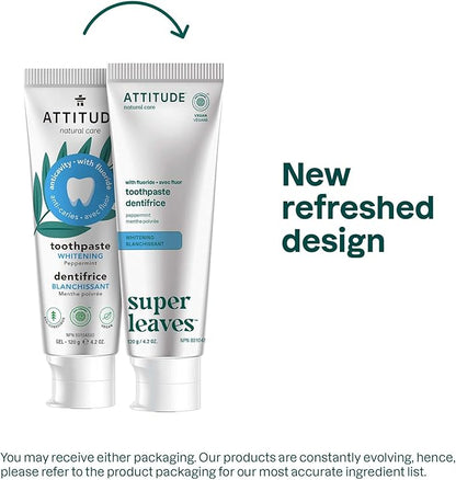 ATTITUDE Whitening Toothpaste with Fluoride, Peppermint Flavor, Vegan & Cruelty-Free, Sugar-Free, Plant & Mineral-Based Ingredients, Clean Oral Care, 4.2 Oz