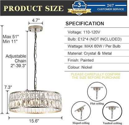 16” 4-Light Modern Crystal Chandeliers Nickel Dinning Room Light Fixture, Round Pendant Light Kitchen Island Chandelier, Flush Mount Ceiling Light for Living Room Entryway Bedroom Foyer