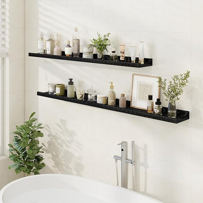 Floating Picture Ledge Shelves 55 Inch Solid Oak Wood Set of 2, Rustic Wall Storage Shelves with Lip, Kids Bookshelf, Photo & Picture Ledge Shelves for Bedroom, Living Room, Kitchen