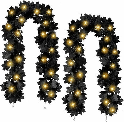 Joyhalo 2 Pack Halloween Garland with Lights, Black Maple Leaves Lighted Garland for Mantle, 5.7FT Light Up Leaf Autumn Vines Outdoor for Door Frame, Fireplace and Thanksgiving Fall Decor