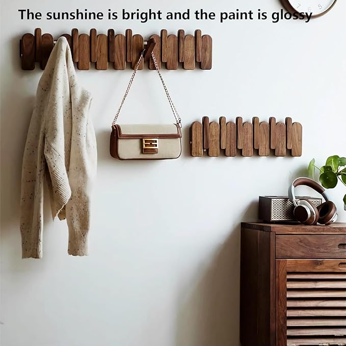 Wall Mounted Piano Key Hanger | Flip Style Hook | Entrance Wall Art Hook, Made of Oak Wood (3 Times Painted, 4 Times Polished) (Arc Beech, 12Hooks)
