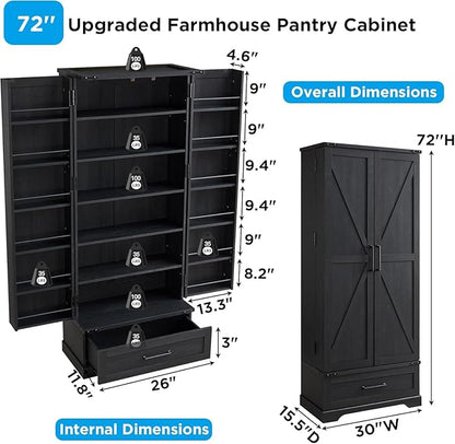 72" Farmhouse Kitchen Pantry Cabinet with Drawer, Tall Storage Cabinet with 2 Barn Doors and Shelves, Versatile Large Rustic Storage for Dining Room, Bathroom, Living Room, Black