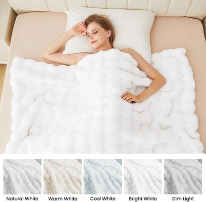 White Faux Rabbit Fur Throw Blanket for Bed Living Room 50x60 Thick Soft Throw Blanket Fluffy Bed Furry Best Housewarming Home Gifts 860 GSM
