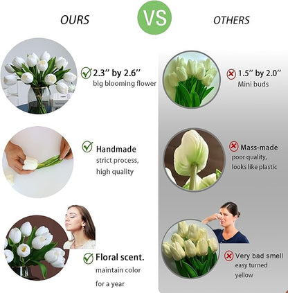 Buart White&Green Tulip Flowers Artificial Luxury Big Tulip Valentine's Day Mother's Day Easter Home Kitchen Wedding Decorations(11pcs)
