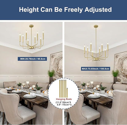 Modern Gold Farmhouse Chandeliers, 8-Light Industrial Metal Chandelier Lighting, Classic Candle Hanging Pendant Light Fixtures for Kitchen Bedroom, Dining Room, Living Room,Foyer