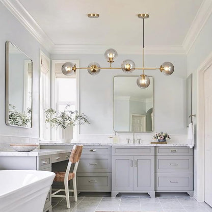 KCO Lighting 6-Light Modern Globe Sputnik Chandelier Brass Gold Linear Pendant Chandelier Lighting Smoke Glass Dining Room Chandelier Mid Century Sputnik Island Lights for Kitchen Living Room