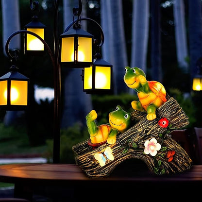 Garden Turtle Figurines Outdoor Decorations, Solar Statue Sweet Frog Face Turtles Decor with 4 LED Lights, Unique Garden Art Resin Statue Gifts for Patio Lawn Porch Yard