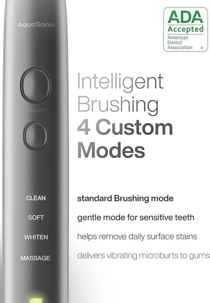 Aquasonic Vibe Series Ultra-Whitening Toothbrush – ADA Accepted Electric Toothbrush - 8 Brush Heads & Travel Case – 40,000 VPM Motor & Wireless Charging - 4 Modes w Smart Timer – Charcoal Metallic