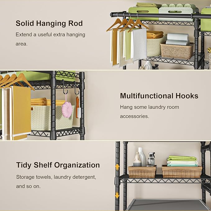 Ulif U13 Over Washer and Dryer Storage Shelves, 6 Tiers Laundry Room Standing Shelf with 2 Hanger Rods, Space Saver Clothes Drying Rack, 63.4" W x 22" D x 77.4" H, Black