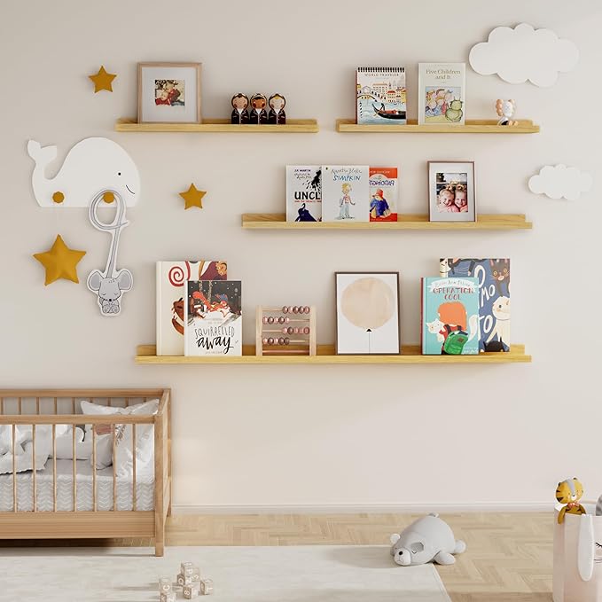 Picture Ledge Shelf for Wall, Floating Shelves Set of 4, 24 Inch Long Nursery Book Shelves for Toys Storage, Kids Bookshelf Wall Mounted for Books Photo Frames, Oak