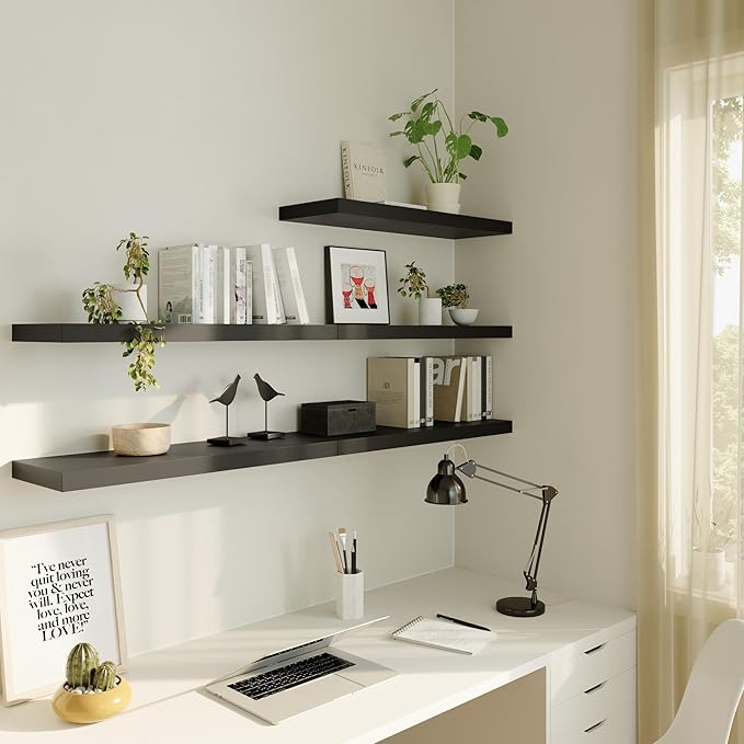 Large Floating Shelves for Wall Set of 3 Wooden Wall Shelves 30 in x 12.75 in x 2 in Room Decor Long Shelf with Invisible Wall Mount Bracket for Bedroom Kitchen Living Room Black