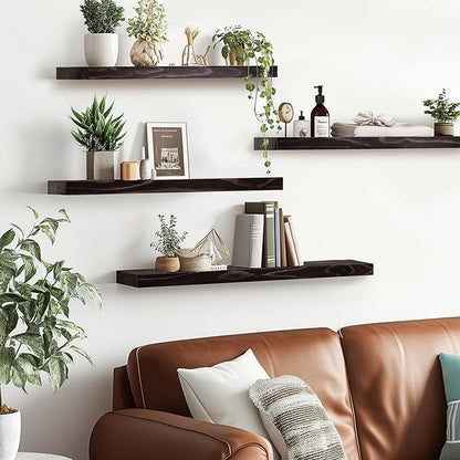 Floating Wall Shelves 4-Pack - Rustic Black 16-inch Wooden Wall Shelves for Storage and Décor, Multi-Functional and Easy to Install for Living Room, Bedroom, and Kitchen