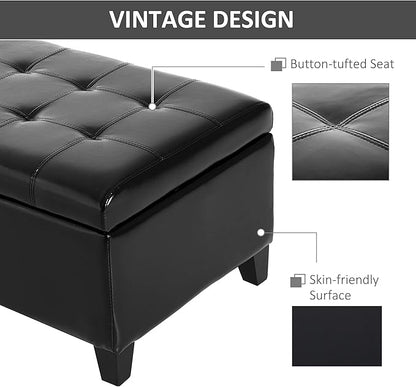 HOMCOM 51" Ottoman Storage Bench, Faux Leather Storage Chest with Lift Top, Tufted Ottoman for Living Room, Entryway, Black
