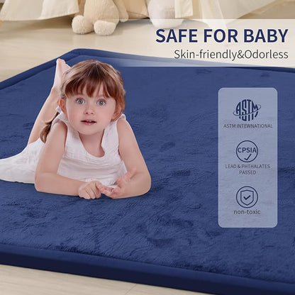 ACOMOPACK Baby Play Mat for Floor 1.3" Thick Memory Foam Play Mat 59"×71" Tummy Time Crawling with Non-Slip Bottom for Living Room,Nursery,Soft Velvet Playpen Mats for Kids,Infants（Royal Blue）