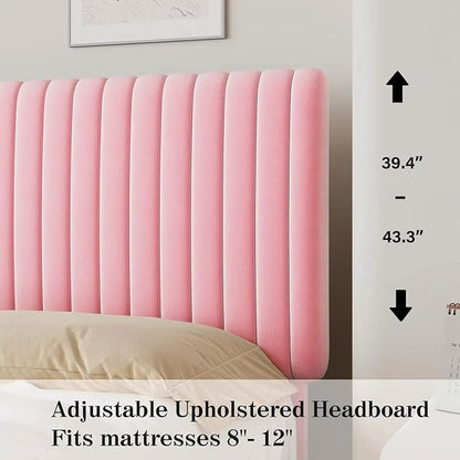King Size Bed Frame with Headboard, Velvet Upholstered Platform Bed with Vertical Channel Tufted Design, No Box Spring Required, Easy Assembly, Pink
