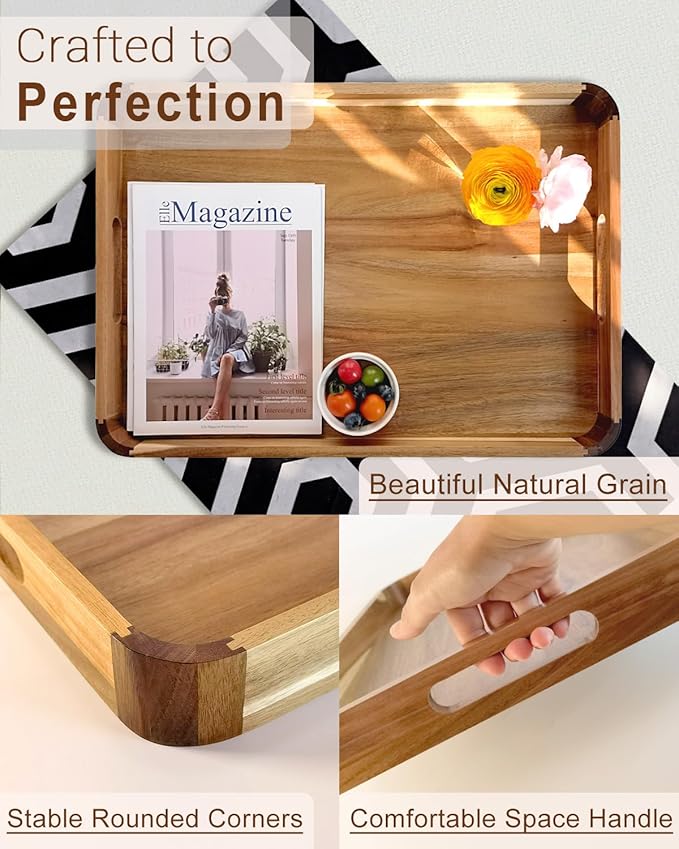 22 Inches Acacia Wood Serving Tray with Handles, Large Wooden Rectangle Ottoman Tray, Nice Home Decor for Living Room Coffee Table Couch, Ideal Size for Serving Food Breakfast BBQ Party